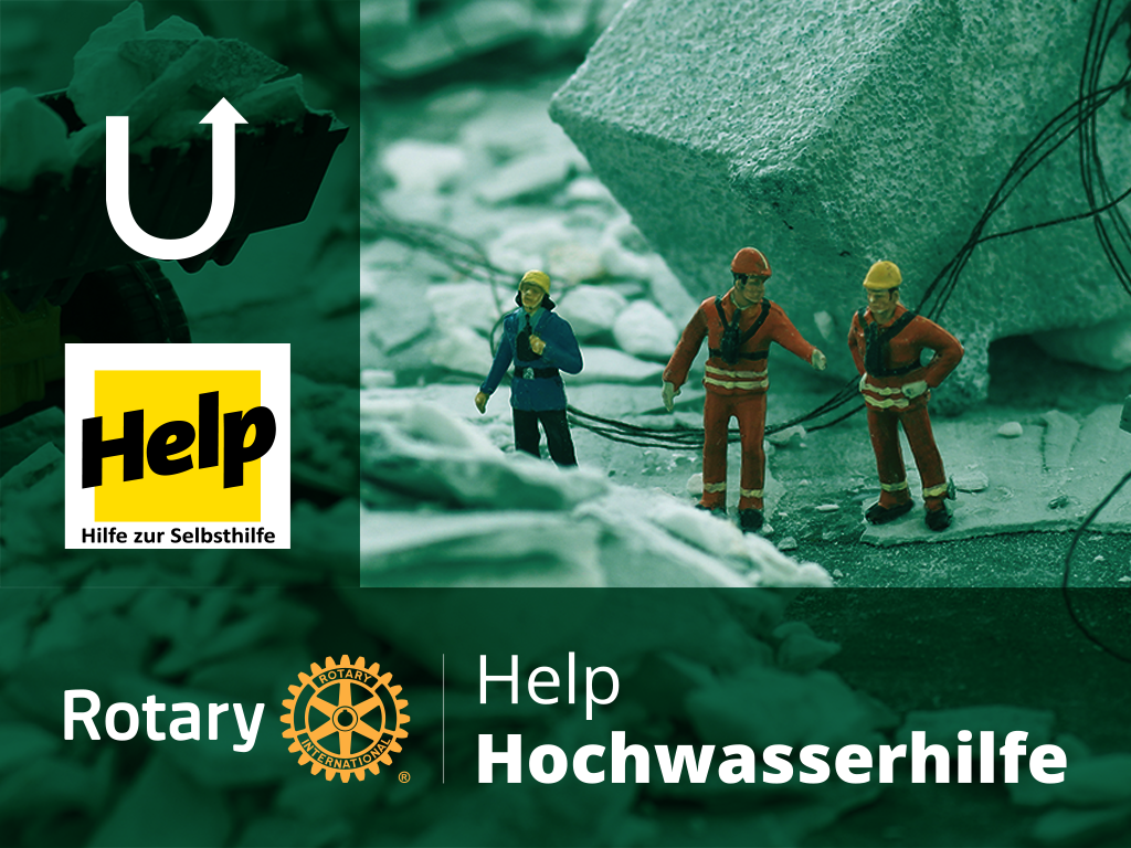 Logos der Help e.V. und der Rotary Hochwasserhilfe auf einem Hintergrundbild, was Spielfiguren zeigt, die hilfe Leisten